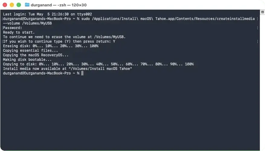 Creating macOS bootable USB in Terminal
