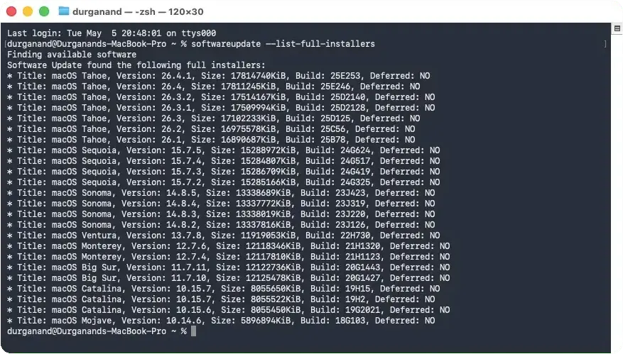 List macOS versions in Terminal
